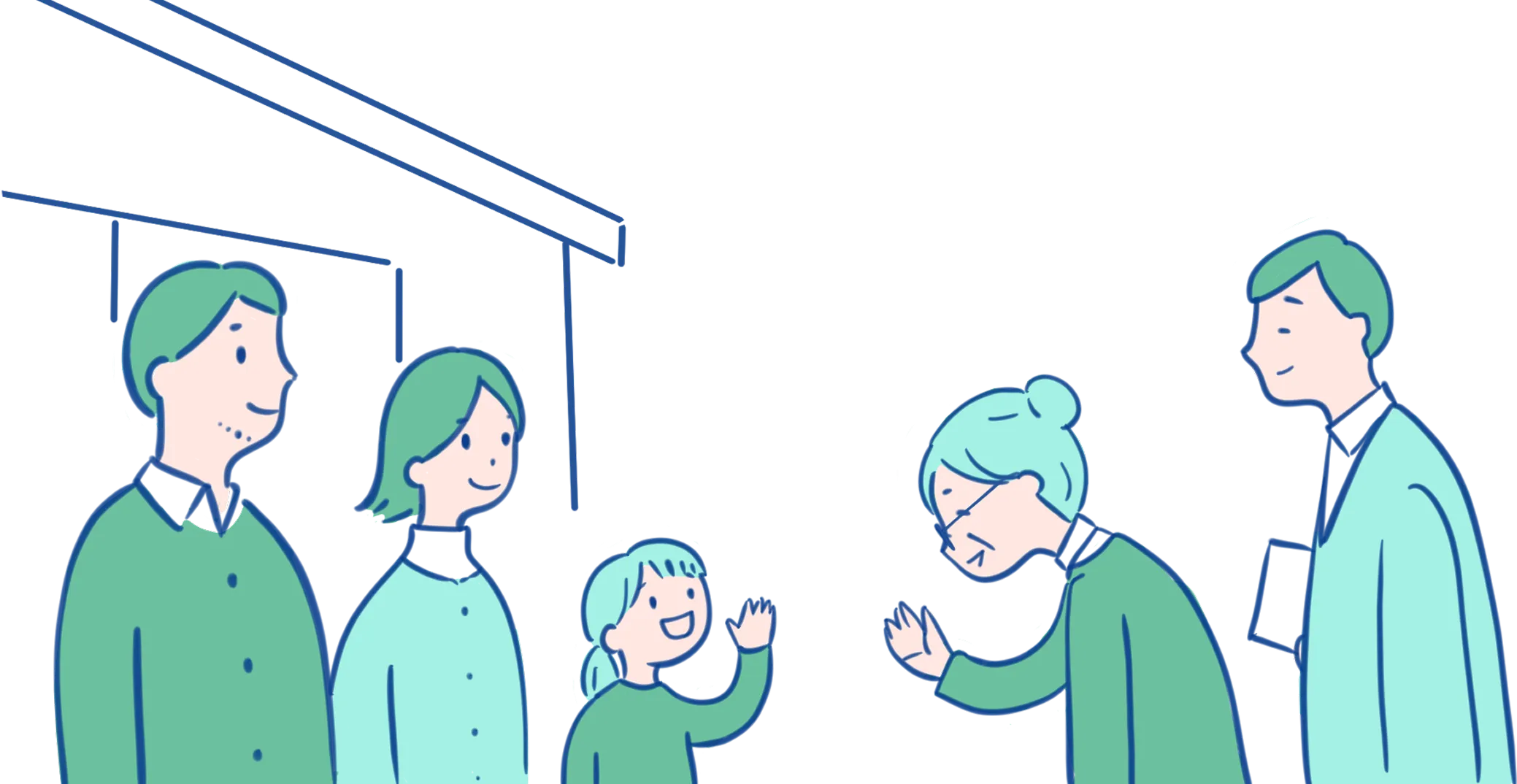 イメージ：支援者と里親家族が面会しているイラスト